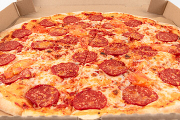 fresh aromatic hot Italian pepperoni pizza with mozzarella cheese in a cardboard box
