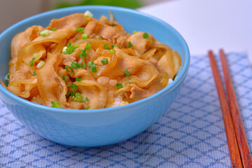 rice topped with pork or pork stew, Japanese food