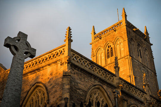 Church in golden evening sunlight in Somerset
