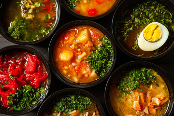 Business lunch in eco plastic container ready for delivery.Top view. Office Lunch boxes with food ready to go. Food takes away. Catering, brakfast