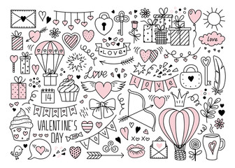Fototapeta na wymiar Big Vector Pink Doodle Love Symbols Set. Hearts, Hot Air Balloon, Gifts Parachute, Banner, Flag Garland, Lettering Valentines Day. Holiday elements isolated collection for design greeting card, poster