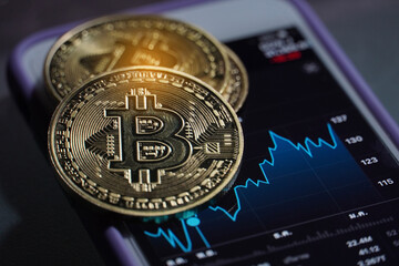 Gold bitcoin with stock graph for background  Gold Bitcoin Cryptocurrency Coins. Stock Market Concept  digital money and stock business.