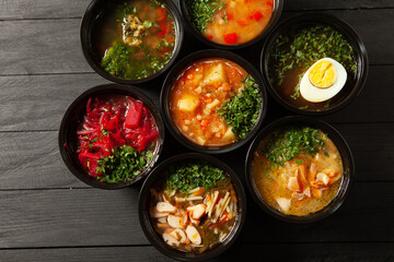 Business lunch in eco plastic container ready for delivery.Top view. Office Lunch boxes with food ready to go. Food takes away. Catering, brakfast