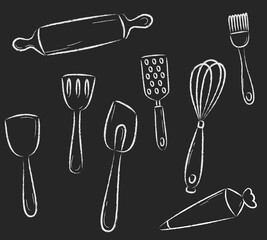 Chalk sketch of baking tools. Vector illustration of kitchen utensils
