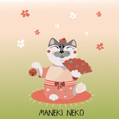 Maneki Neko cat clipart. Cartoon vector image. Greeting card, print for fabric, t-short, hoodie, 