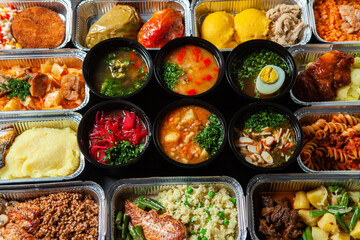 Business lunch in eco plastic container ready for delivery.Top view. Office Lunch boxes with food ready to go. Food takes away. Catering, brakfast