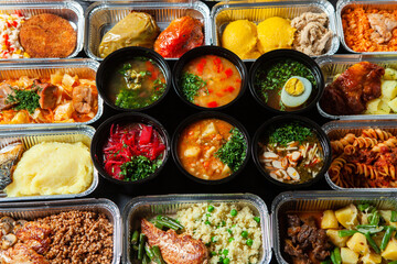 Business lunch in eco plastic container ready for delivery.Top view. Office Lunch boxes with food ready to go. Food takes away. Catering, brakfast