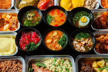 Business lunch in eco plastic container ready for delivery.Top view. Office Lunch boxes with food ready to go. Food takes away. Catering, brakfast
