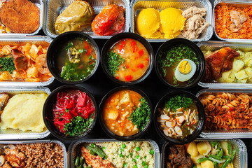 Business lunch in eco plastic container ready for delivery.Top view. Office Lunch boxes with food ready to go. Food takes away. Catering, brakfast