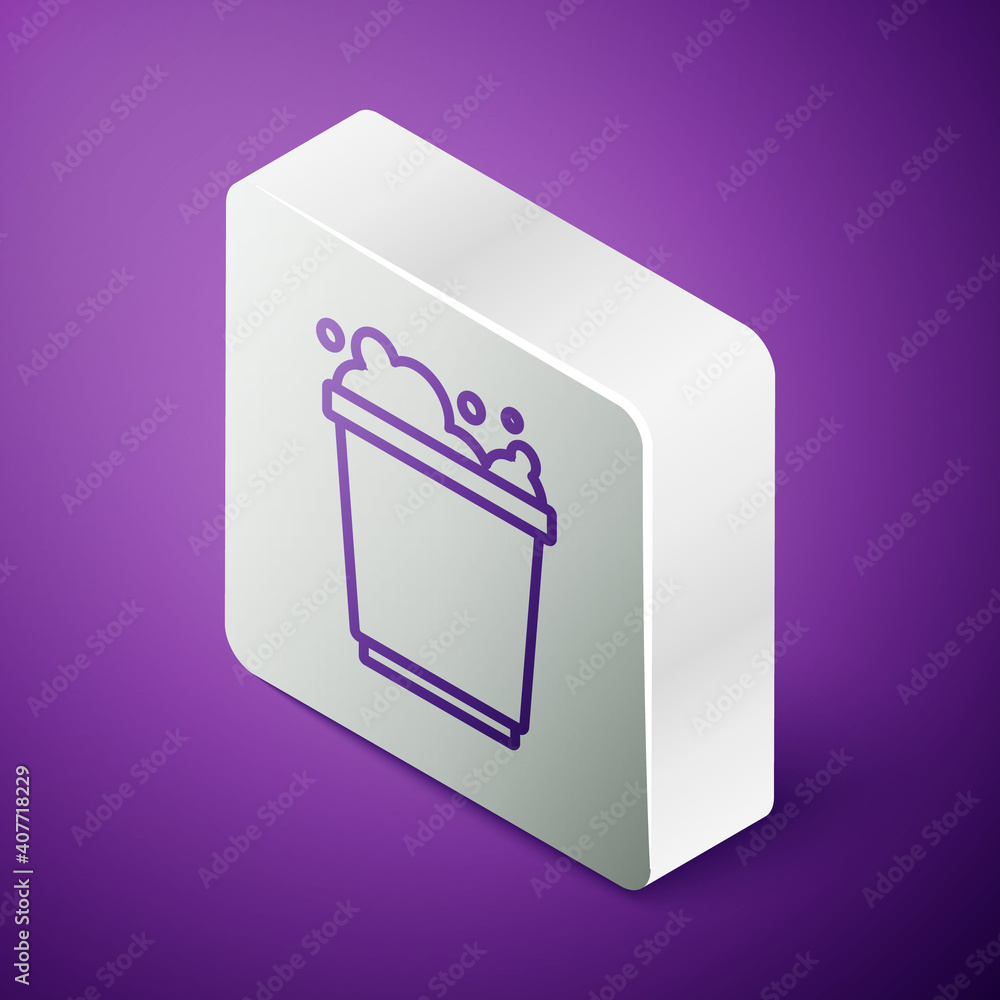 Poster isometric line bucket with foam and bubbles icon isolated on purple background. cleaning service con