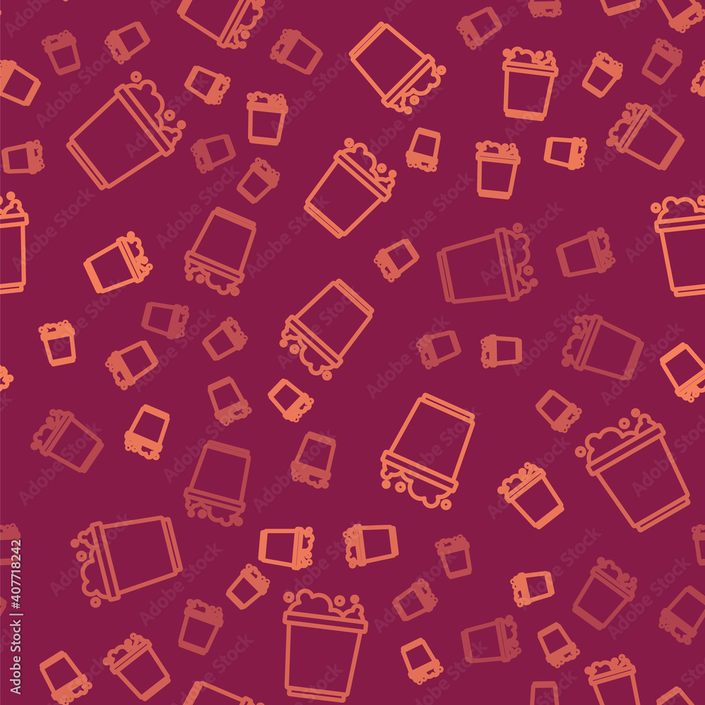 Poster brown line bucket with foam and bubbles icon isolated seamless pattern on red background. cleaning s