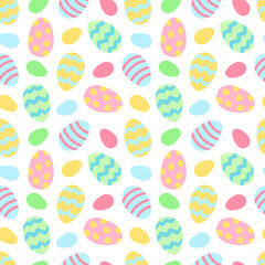 Seamless vector pattern on the Easter theme. Bright spring background. Digital ornament with colorful dyed eggs for wrapping paper, fabrics, web design, holiday decorations, postcards, etc.