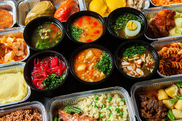 Business lunch in eco plastic container ready for delivery.Top view. Office Lunch boxes with food ready to go. Food takes away. Catering, brakfast
