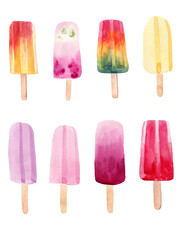 Watercolor illustration set of delicious ice cream popsicles on a stick
