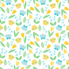 Seamless vector pattern on a spring theme. Bright floral background. Digital ornament with lilies of the valley, tulips and butterflies for wrapping paper, fabrics, web design, decoration, postcards.