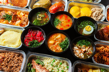 Business lunch in eco plastic container ready for delivery.Top view. Office Lunch boxes with food ready to go. Food takes away. Catering, brakfast