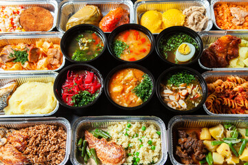 Business lunch in eco plastic container ready for delivery.Top view. Office Lunch boxes with food ready to go. Food takes away. Catering, brakfast