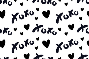 Vector abstract seamless XOXO pattern. White background with monochrome black hearts and letters. Trendy print design for textile, wrapping paper, wedding backdrops, Valentine's Day concepts etc.