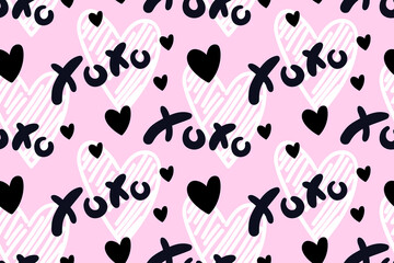 Vector abstract seamless XOXO pattern. Pastel violet background with white, black hearts and letters. Trendy print design for textile, wrapping paper, wedding backdrops, Valentine's Day concepts etc.
