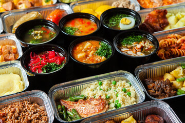 Business lunch in eco plastic container ready for delivery.Top view. Office Lunch boxes with food ready to go. Food takes away. Catering, brakfast