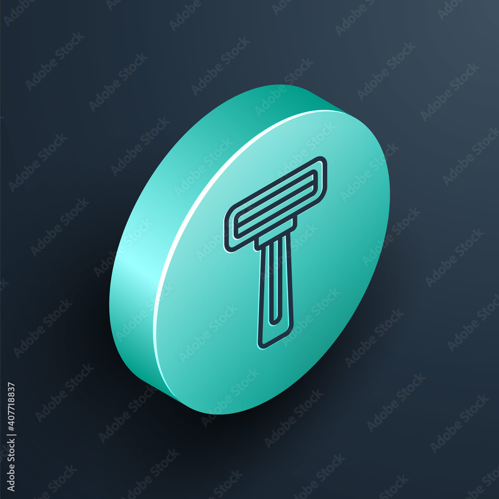 Poster isometric line shaving razor icon isolated on black background. turquoise circle button. vector.