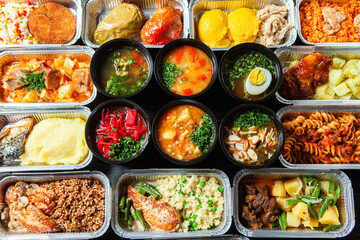 Business lunch in eco plastic container ready for delivery.Top view. Office Lunch boxes with food ready to go. Food takes away. Catering, brakfast
