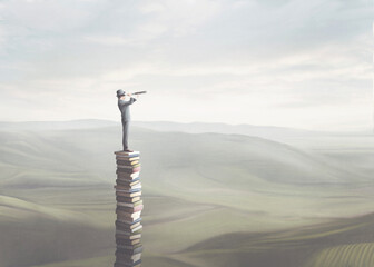 illustration of wise man with binoculars on the top of a tower of books, surreal concept - obrazy, fototapety, plakaty