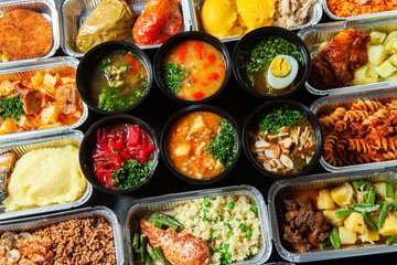 Business lunch in eco plastic container ready for delivery.Top view. Office Lunch boxes with food ready to go. Food takes away. Catering, brakfast