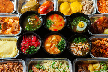 Business lunch in eco plastic container ready for delivery.Top view. Office Lunch boxes with food ready to go. Food takes away. Catering, brakfast