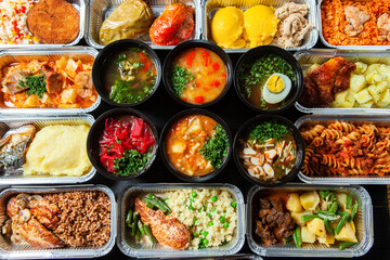 Business lunch in eco plastic container ready for delivery.Top view. Office Lunch boxes with food ready to go. Food takes away. Catering, brakfast