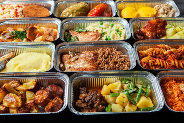 Business lunch in eco plastic container ready for delivery.Top view. Office Lunch boxes with food ready to go. Food takes away. Catering, brakfast