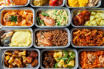 Business lunch in eco plastic container ready for delivery.Top view. Office Lunch boxes with food ready to go. Food takes away. Catering, brakfast.