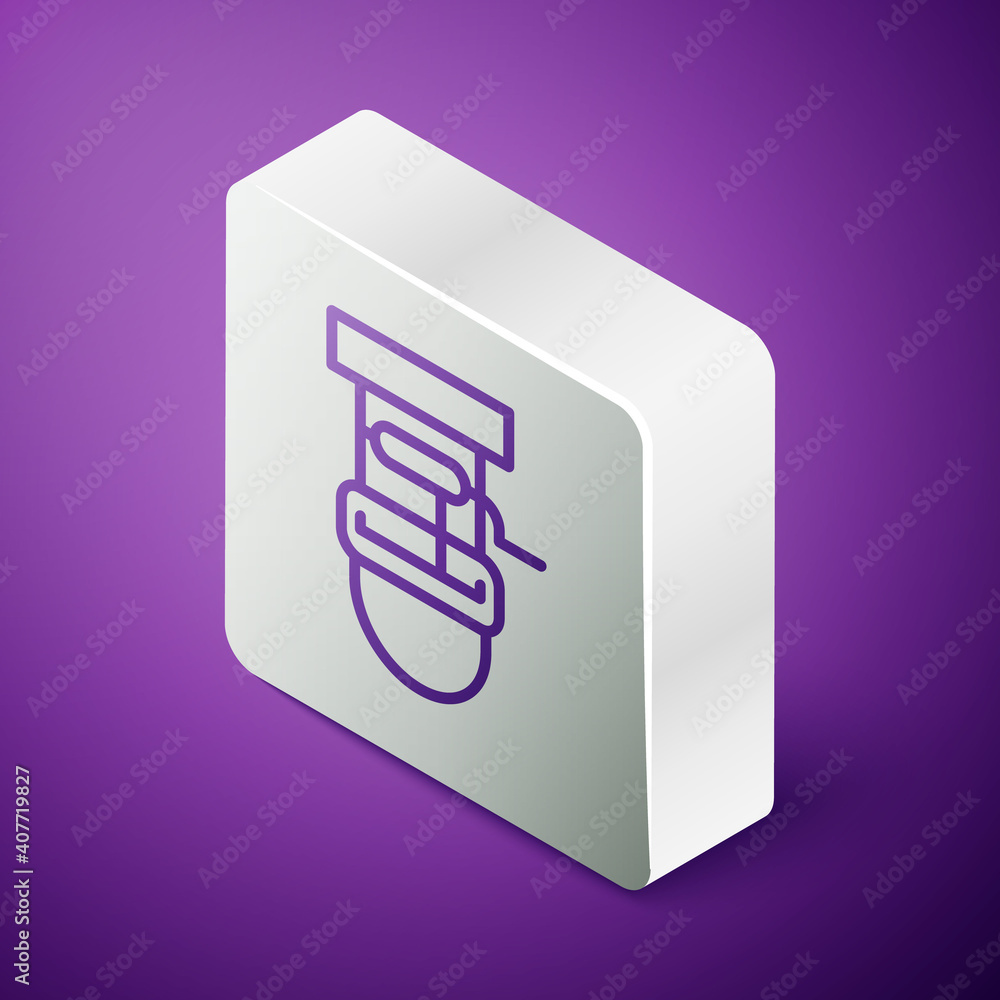 Poster isometric line well with a bucket and drinking water icon isolated on purple background. silver squa