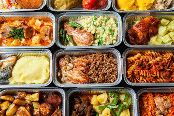 Business lunch in eco plastic container ready for delivery.Top view. Office Lunch boxes with food ready to go. Food takes away. Catering, brakfast.