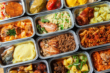 Business lunch in eco plastic container ready for delivery.Top view. Office Lunch boxes with food...