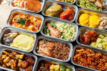 Business lunch in eco plastic container ready for delivery.Top view. Office Lunch boxes with food ready to go. Food takes away. Catering, brakfast.