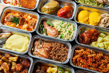 Business lunch in eco plastic container ready for delivery.Top view. Office Lunch boxes with food ready to go. Food takes away. Catering, brakfast.