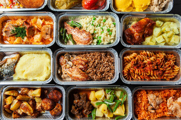 Business lunch in eco plastic container ready for delivery.Top view. Office Lunch boxes with food ready to go. Food takes away. Catering, brakfast.