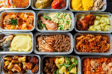 Business lunch in eco plastic container ready for delivery.Top view. Office Lunch boxes with food ready to go. Food takes away. Catering, brakfast.