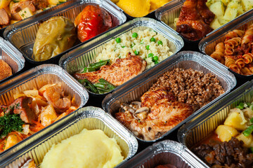 Business lunch in eco plastic container ready for delivery.Top view. Office Lunch boxes with food ready to go. Food takes away. Catering, brakfast.