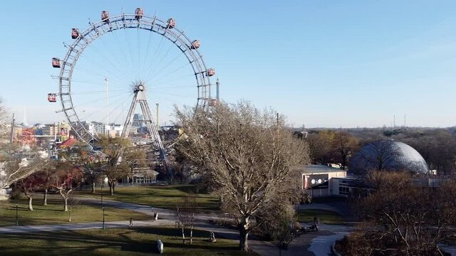 View on the Praterstern area, the amusement park, Prater Park and Riesenrad - the Giant Ferris Wheel in the Autumn