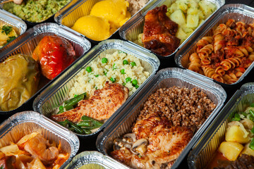 Business lunch in eco plastic container ready for delivery.Top view. Office Lunch boxes with food ready to go. Food takes away. Catering, brakfast.