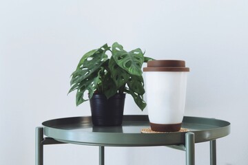 Mock up coffee mug with copy space on table.