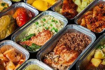 Business lunch in eco plastic container ready for delivery.Top view. Office Lunch boxes with food ready to go. Food takes away. Catering, brakfast.