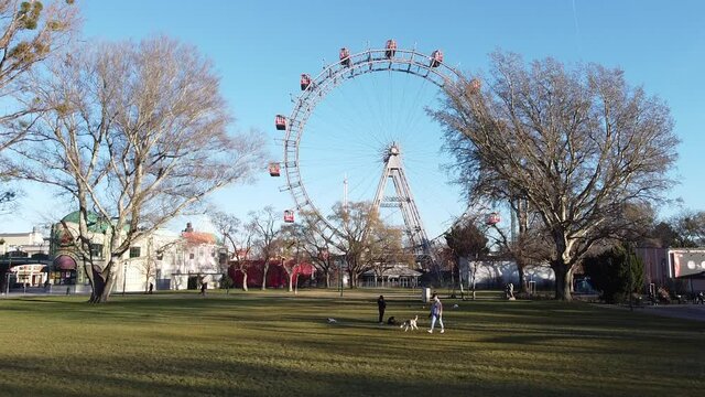 View on the Praterstern area, the amusement park, Prater Park and Riesenrad - the Giant Ferris Wheel in the Autumn