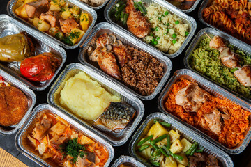 Business lunch in eco plastic container ready for delivery.Top view. Office Lunch boxes with food ready to go. Food takes away. Catering, brakfast.