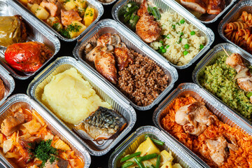 Business lunch in eco plastic container ready for delivery.Top view. Office Lunch boxes with food ready to go. Food takes away. Catering, brakfast.