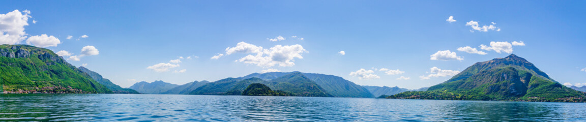 Obraz premium Panoramic landscape view of Bellagion village from Lake Como on the Italian riviera in Lombardy region, Italy. Scenic view on the horizon