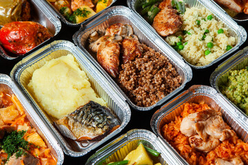 Business lunch in eco plastic container ready for delivery.Top view. Office Lunch boxes with food ready to go. Food takes away. Catering, brakfast.