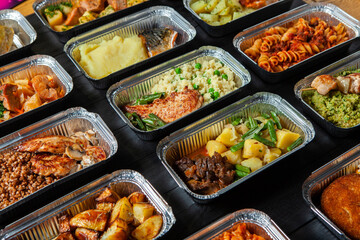 Business lunch in eco plastic container ready for delivery.Top view. Office Lunch boxes with food ready to go. Food takes away. Catering, brakfast.